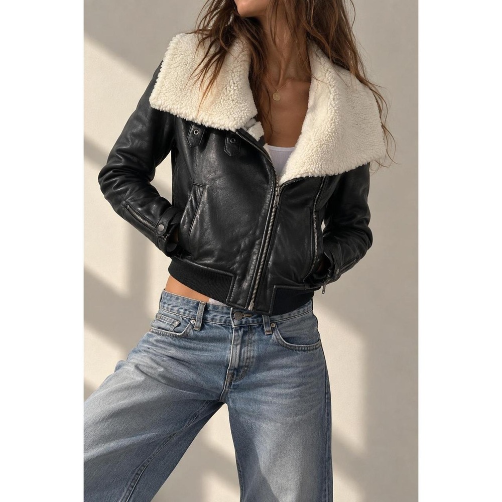 WeSC Black Leather Sherpa Moto Jacket Y2K Indie Sleaze Funnel Neck Bomber Small